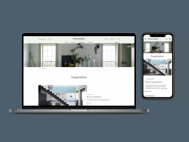 Desktop and Mobile mock ups of the page inspiration of the paint brand Farrow & Ball.