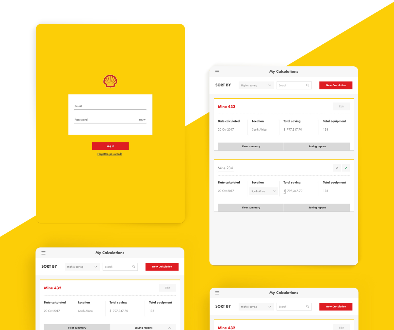 1/3 image of a series of screens of the TCO calculator. First is the login screen, and second is the My Calculations screen.