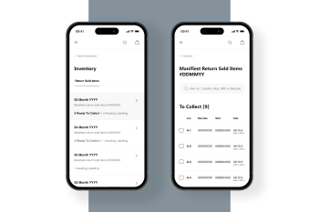 two mobile screens. Left has the inventory and on the right the manifestos created on that day