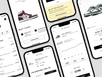Mobile UI screens from a sneaker marketplace app, displaying key flows such as order confirmation, delivery options, pricing trends, and shipping details, highlighting a clean, data-driven design approach tailored to sneakerheads.