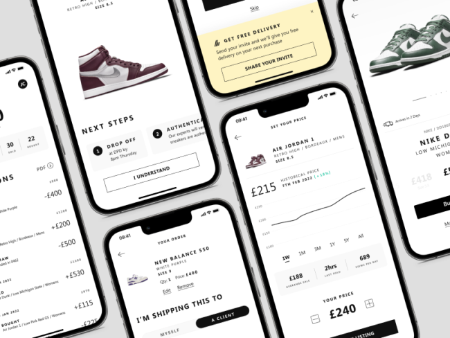 Mobile UI screens from a sneaker marketplace app, displaying key flows such as order confirmation, delivery options, pricing trends, and shipping details, highlighting a clean, data-driven design approach tailored to sneakerheads.