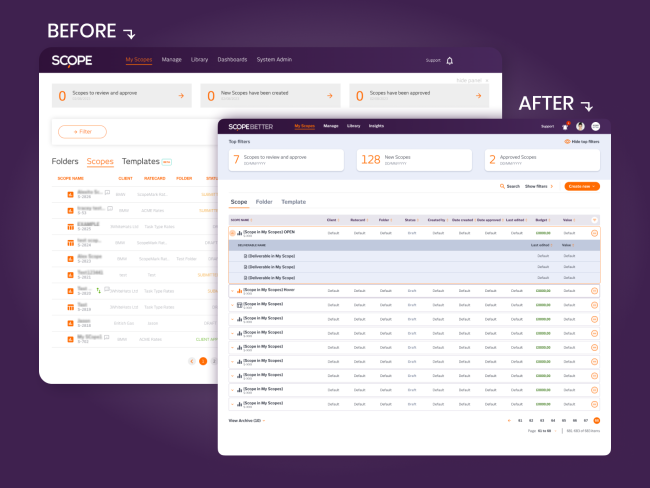 Overview of SCOPE Better platform UI, showing the before and after of a project scoping interface and quoting dashboard