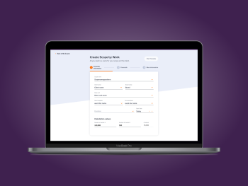 Laptop screen showing redesigned “Create Scope” flow with simplified form and guided setup