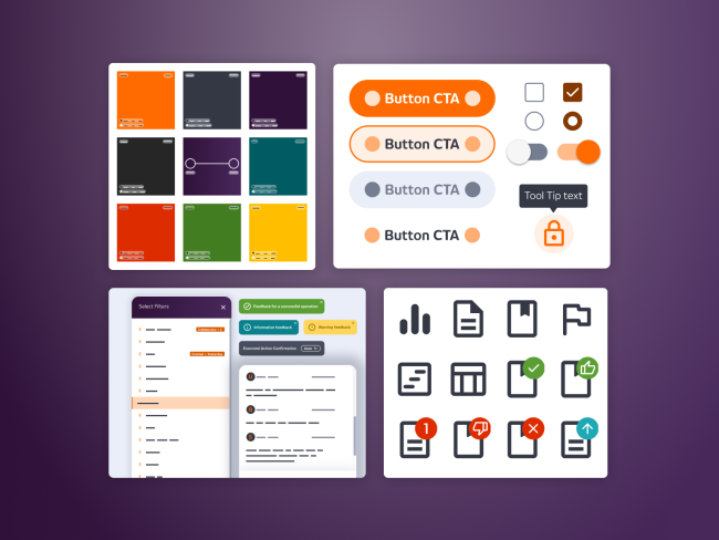 Swatches with UI elements of the Design system